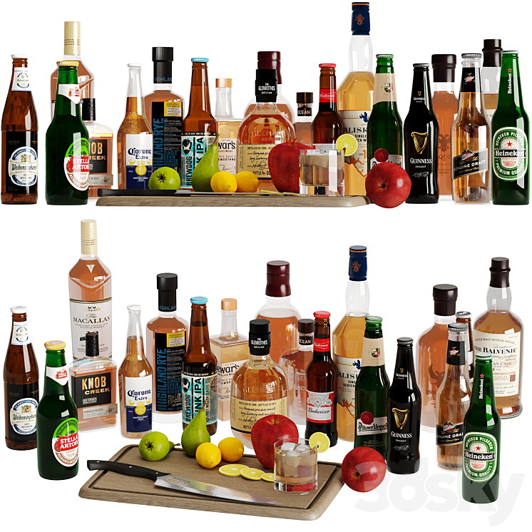 Bottles 2 (20 Bottles + Fruits)_bar,bottle,whiskey,alcohol,alcoholic,drink,beer,fruits,apple,pear,lemon,ice（model:4495705）